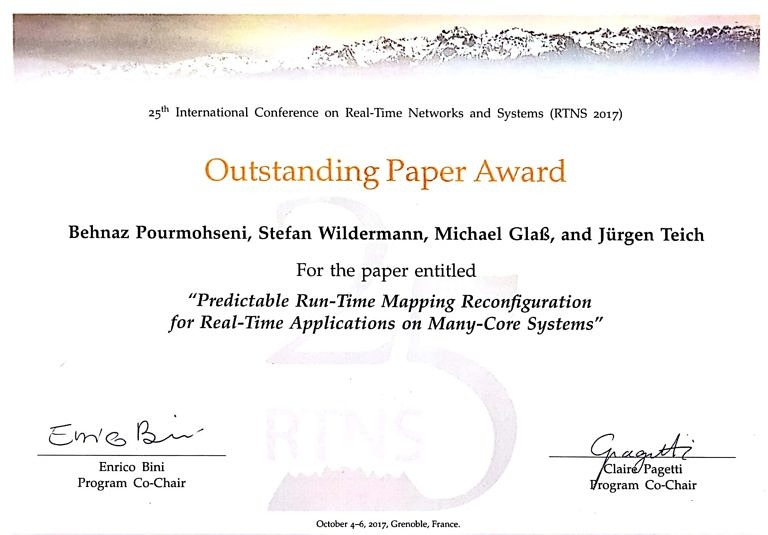 06.10.2017 Outstanding Paper Award und Best Presentation Award, RTNS2017, Grenoble, France