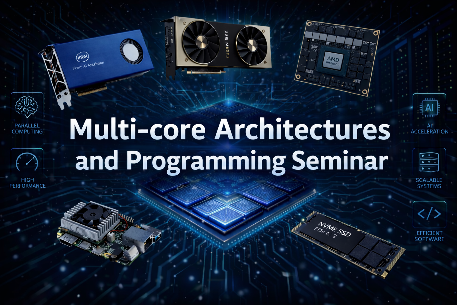 Ein Bild zeigt den Text „Multicore Architecture Map Seminar“ in der Mitte. Rundherum sind verschiedene Arten von Multicore-Architekturen dargestellt, darunter GPUs, CPUs, Manycore-Prozessoren und heterogene Rechensysteme.